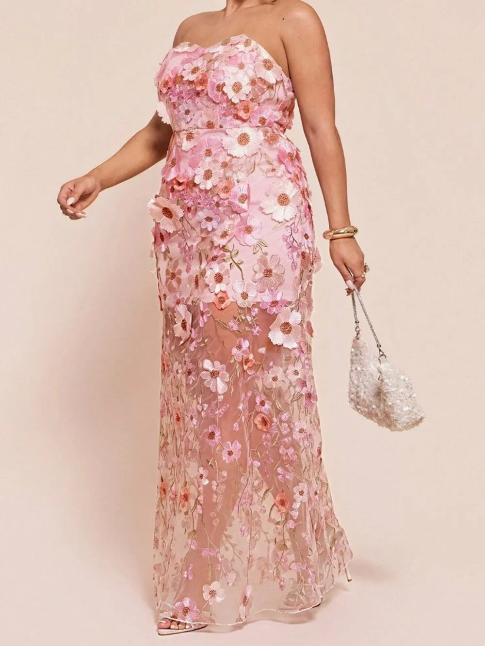 Pink Boho Women's 3D Floral Ruched Mermaid Hem Bodycon Dress